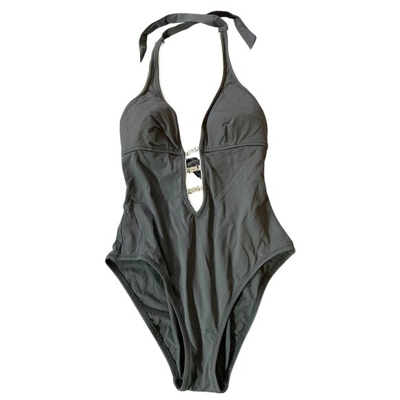 Boston Proper Gray Halter One-Piece Swimsuit Rhinestone Details Size 10 - Picture 1 of 11